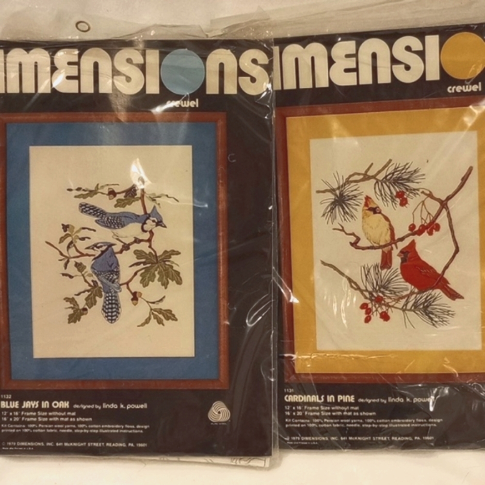 Dimensions Crewel Kits 'Blue Jay's in Oak' & 'Cardinals in Pine' 1979 Unopened
